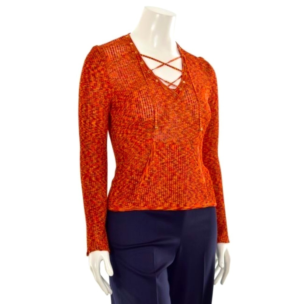 St. John Sport Orange Multi Lace Up V-Neck Knit Sweater
